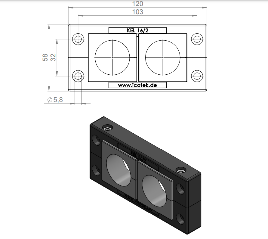 Icotek KEL 16/2 - 42162 - kích thước, 3D