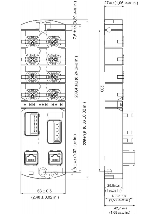 Murrelektronik Distribution IO MVK+ MPNIO DI8 DO8 IRT 55529 - dimension & front view