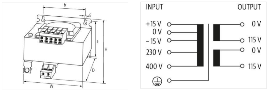 Biến áp cách ly 1 pha 86486 - kích thước và sơ đồ đấu dây