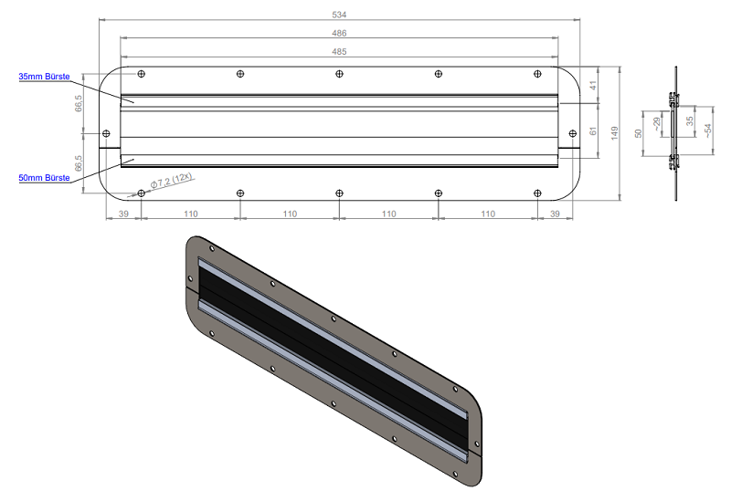 Thanh chắn bụi dạng chổi cho tủ Rittal AX 534x149 mm FP-AX-BES-U 44103 - kích thước