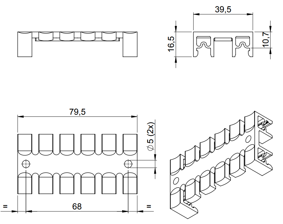 Thanh cố định cáp lắp DIN-rail - kích thước