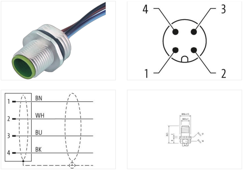 Đầu nối M12 male 4 pin A-cod. front 7000-13501-9710050 - chi tiết kỹ thuật