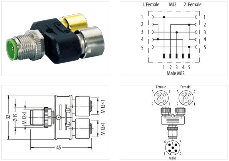 Đầu nối chữ T (T-Coupler) M12 male_ 2xM12 female 7000-41191-0000000 - detail