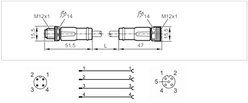 Cáp có đầu nối M12 male M12 female 4 chân IFM EVC722 - detail