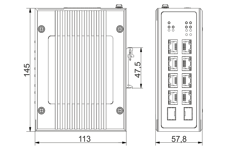 Murrelektronik 58194 10 Port unmanaged Gigabit Switch 4 PoE 2 SFP Ports IP20 metal - kích thước