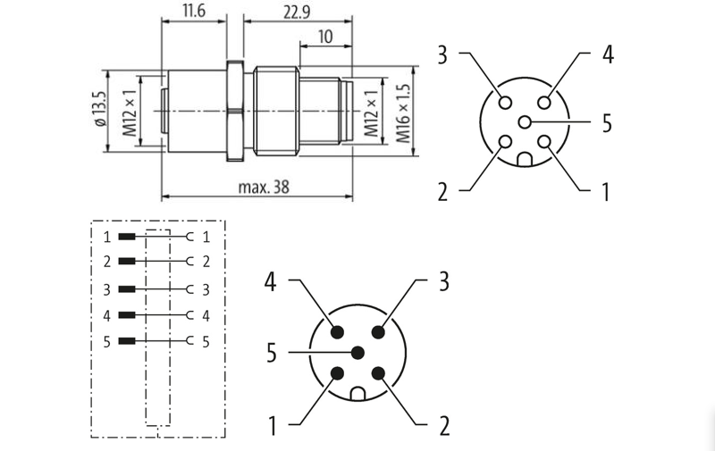 Đầu nối M12 lắp mặt tủ A code 7000-42111-0000000 Murrelektronik - detail