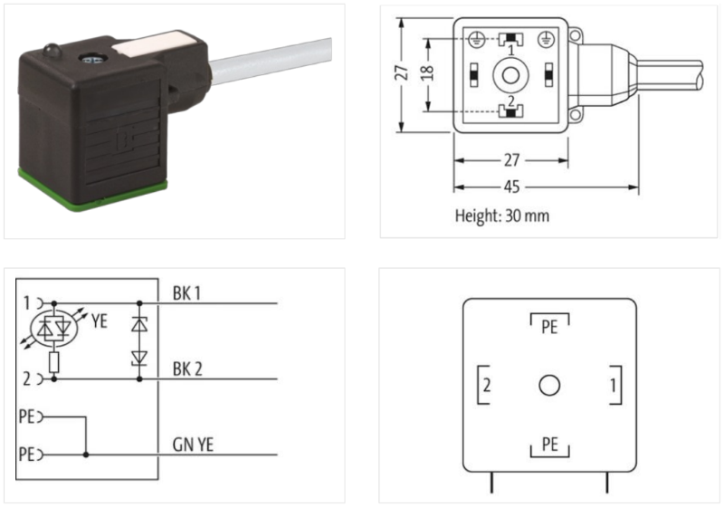 Đầu nối van điện từ form A 3 m cáp 7000-18021-2160300 - chi tiết