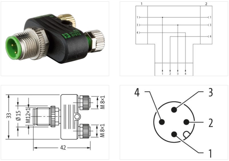 Đầu nối chữ T (T-Coupler) M12 male - 2xM8 female 7000-41201-0000000 - detail 1
