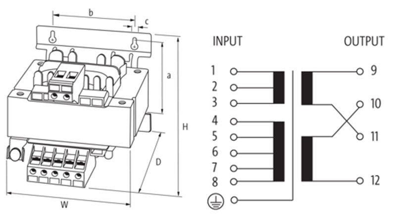 Biến áp 1 pha 1000 VA nhiều cấp điện áp MST 86151 - kích thước