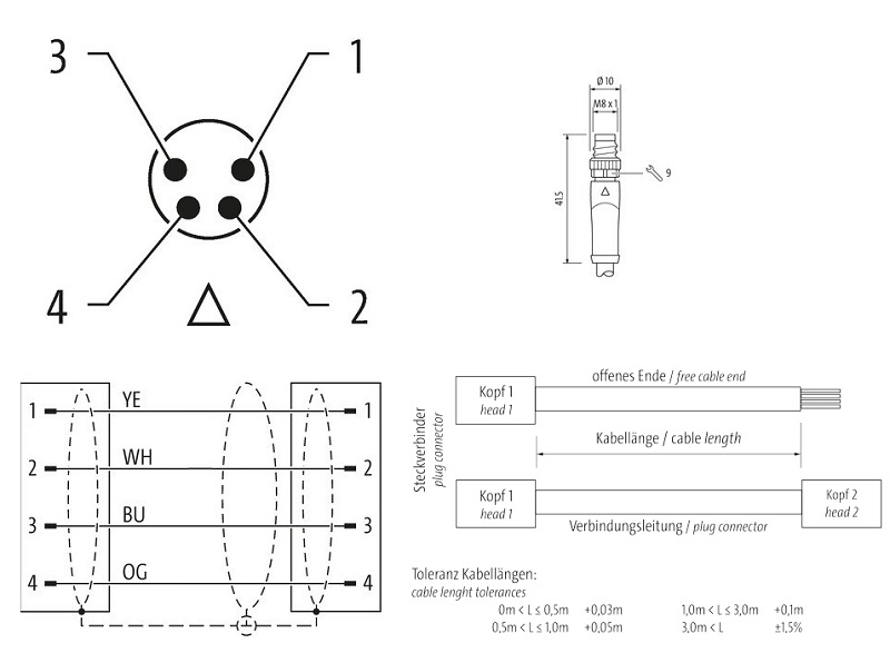 Cáp chống nhiễu 0.1m có đầu nối M8 male-M8 male A-code của Murrelektronik 7000-89701-7910010 - DETAIL
