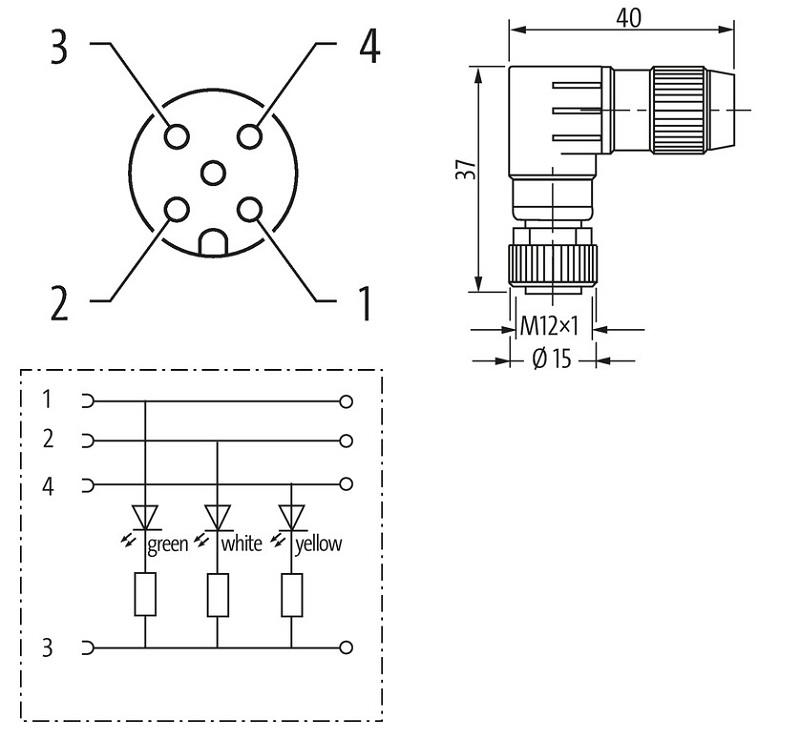 Đầu nối M12 female 90° A-code IDC field wireable có 3 LED của Murrelektronik 7000-12691-0000000 - DETAIL
