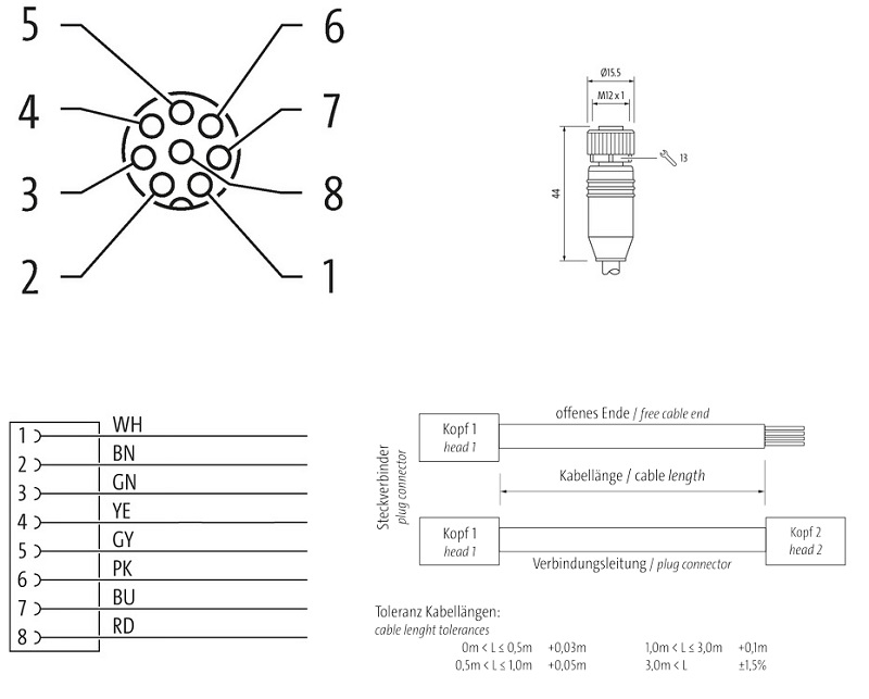Đầu nối cái M12 A-code 8 chân có cáp dài 5m của Murrelektronik 7000-17041-6070500 - detail
