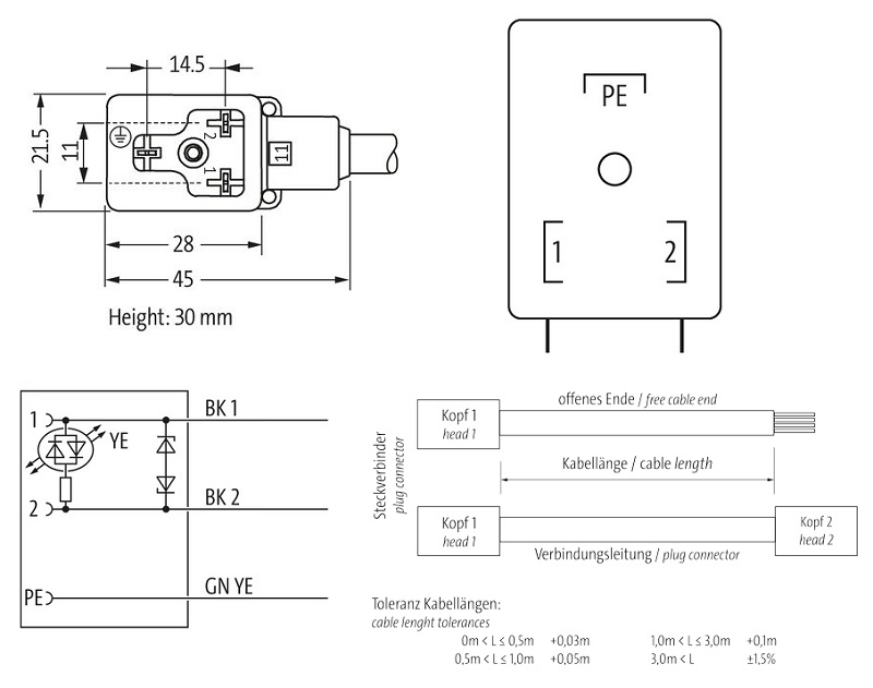 Đầu nối van điện từ form-BI có cáp 1.5m của Murrelektronik MSUD 7000-11081-2360150 - DETAIL