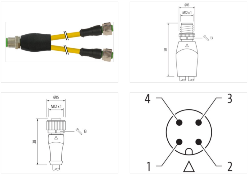Đầu nối kiểu Y M12 male - 2 x M12 female A-code, 0.6 m cáp, màu vàng 7000-40821-0500060 - body1