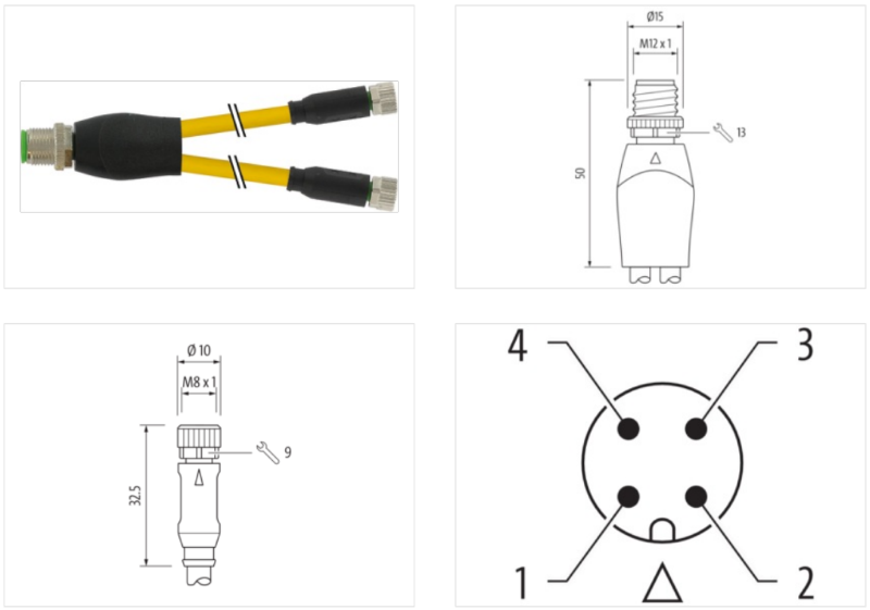 Đầu nối kiểu Y M12 male - 2 x M8 female A-code, 0.6 m cáp, màu vàng 7000-40821-0500060 - body1