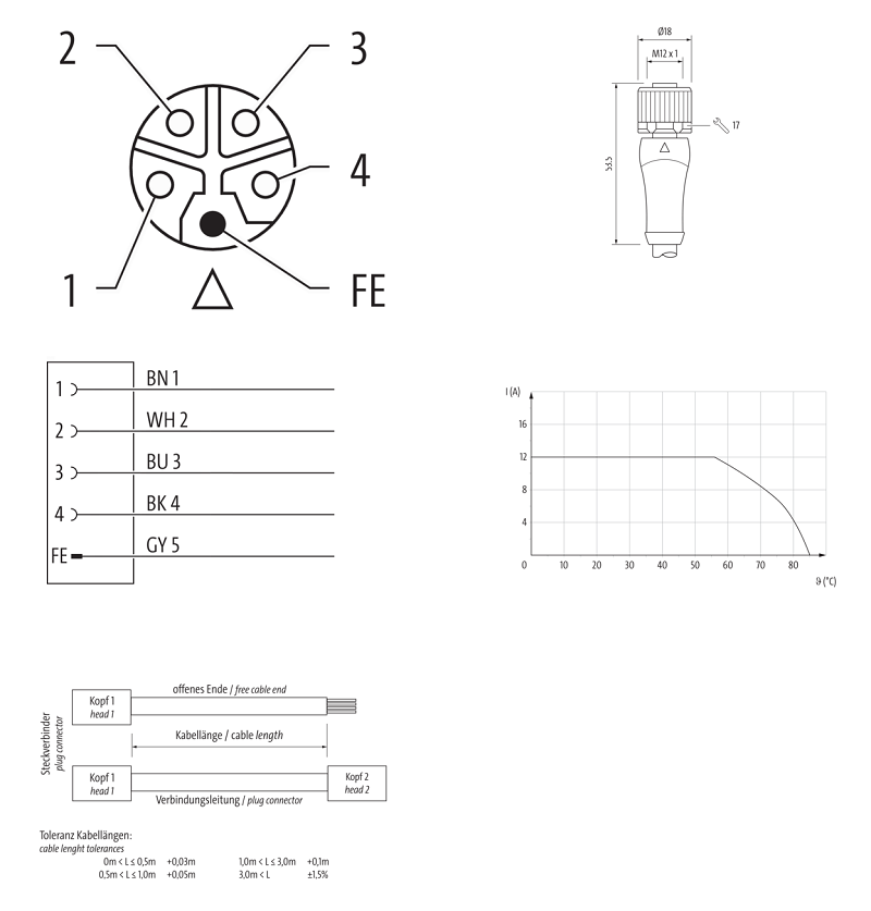 Đầu nối nguồn M12 female 0° L-code 5 chân có cáp 10m của Murrelektronik 7000-P4221-P041000 - DETAIL