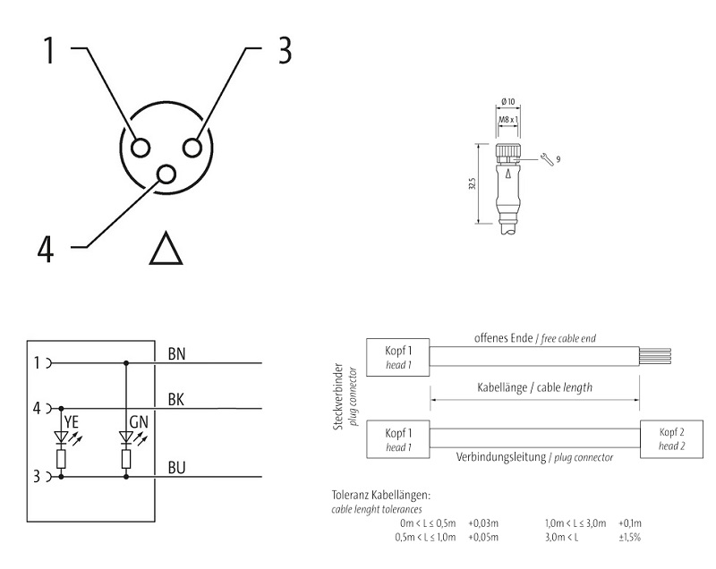 Cáp 10m có đầu nối M8 female 0° A-code 3 chân có LED 7000-08111-6301000 - DETAIL