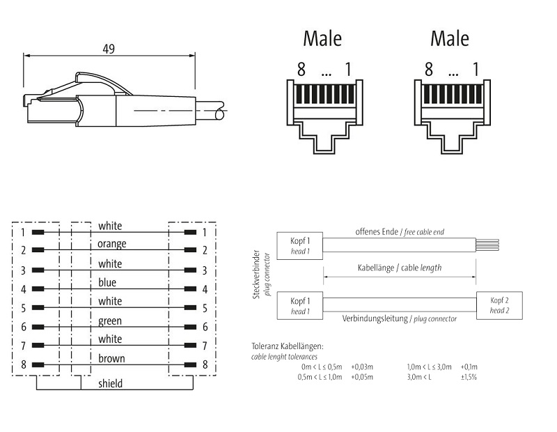 Cáp mạng 0.3m bọc chống nhiễu có 2 đầu nối RJ45 male 0° / RJ45 male 0° 8 cực 7000-74711-4780030 - DETAIL