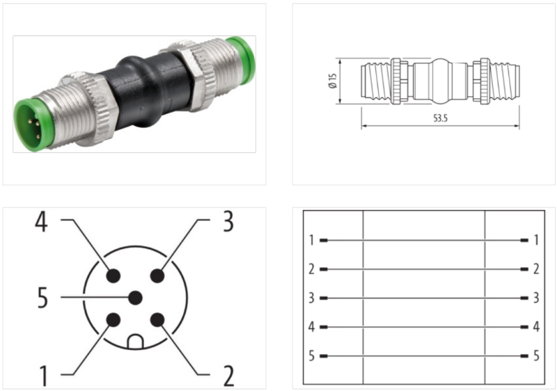 Đầu nối chuyển đổi M12 male - M12 male A-code 5 chân 7000-40057-0000000 - body