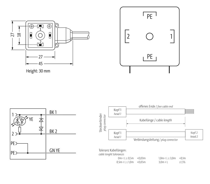 Đầu nối van điện từ form A có 10m cáp MSUD 7000-18021-6261000 - DIMENSION