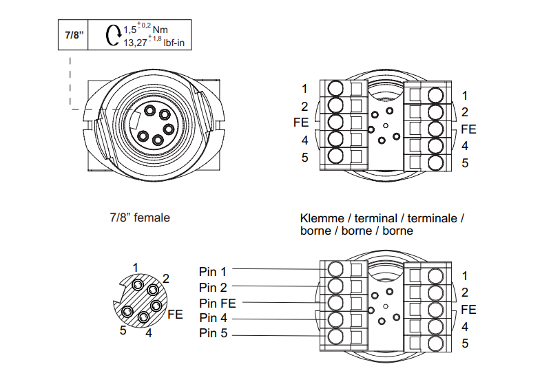 Đầu nối 7/8'' female sang terminal Murrelektronik 4000-69000-2000000 - terminal block
