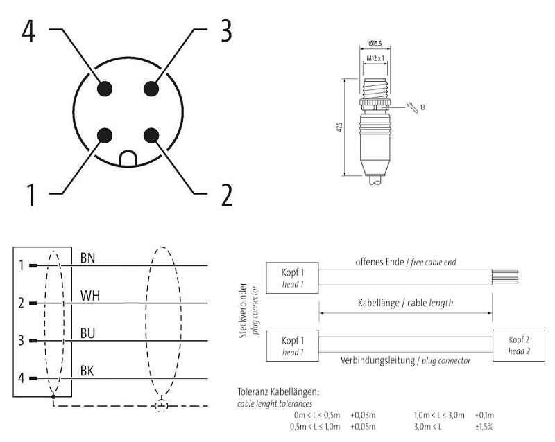 Đầu nối M12 male 4 chân A-code có cáp 20m của Murrelektronik 7000-13081-3312000 - DETAIL