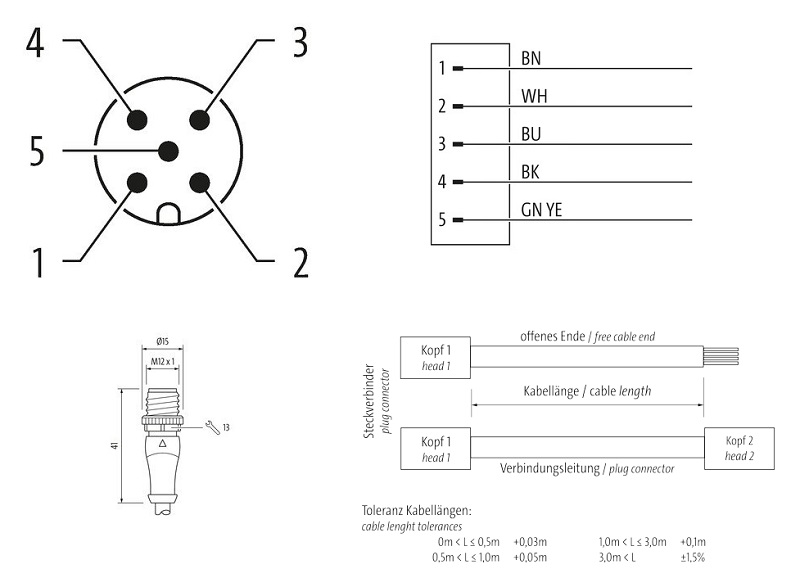 Đầu nối M12 male A-code 5 chân có cáp 3m của Murrelektronik 7000-12041-6350300 - DETAIL