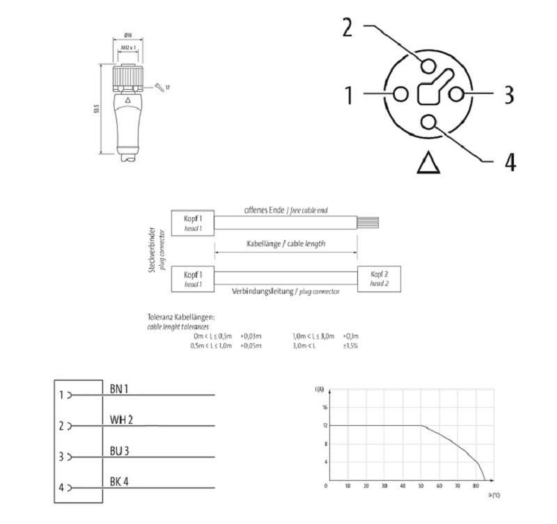 Đầu nối nguồn M12 female 4 chân T-code có cáp 20m của Murrelektronik 7000-P7221-P072000 - DETAIL