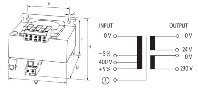 Biến áp cách ly 1 pha 150VA 400VAC/ 24VAC & 230VAC 866170 - detail