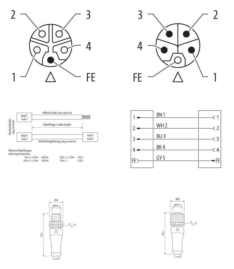 Cáp nguồn 1.5m có 2 đầu nối M12 Power male 0° / female 0° L-cod 5 chân 7000-P4241-P040150 - DETAIL