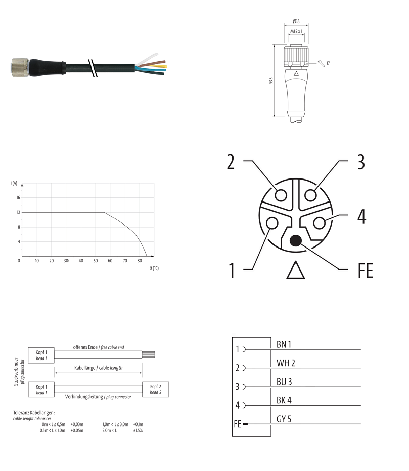 Cáp nguồn 20m có đầu nối M12 Power female 0° L-code 5 chân 7000-P4221-P042000 - DETAIL