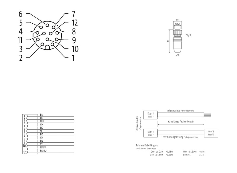 Cáp 2m có đầu nối M12 female 0° A-code 12 chân 7000-19041-7050200 - DETAIL