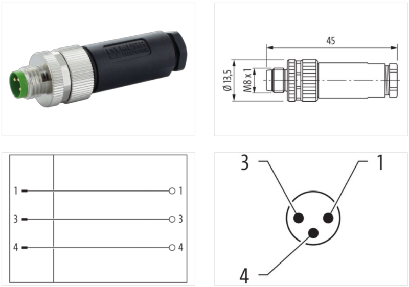 Đầu nối M8 male 0° A-code 3 chân 7000-08601-0000000 - body