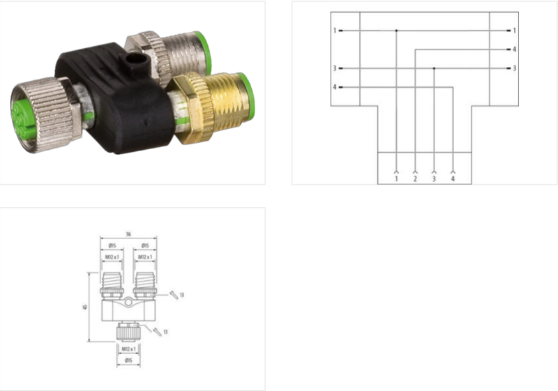 Đầu nối T-Coupler M12 female 2x M12 male A-code 332730 - detail