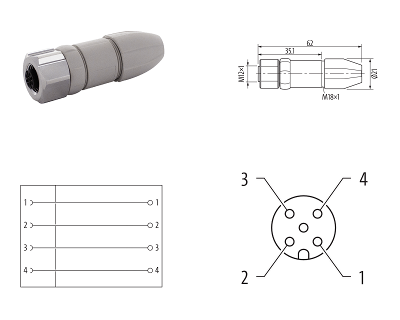 Đầu nối cho ngành thực phẩm M12 female 0° A-code 4 chân 7024-12901-0000000 - DETAIL