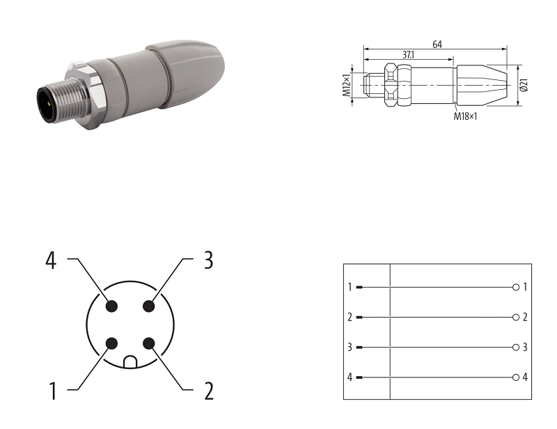 Đầu nối cho ngành thực phẩm M12 male 0° A-code 4 chân 7024-12701-0000000 - DETAIL
