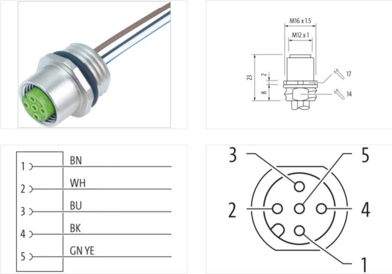 Đầu nối mặt tủ điện M12 female A-code 5 chân 1m cáp 7000-13561-9020100- detail