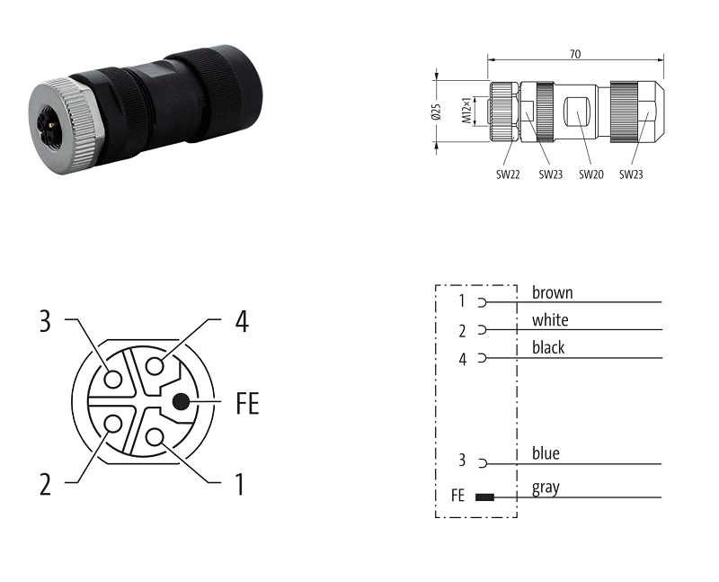 Đầu nối nguồn M12 female 0° L-code 5 chân 7000-P4611-0000000 - DETAIL