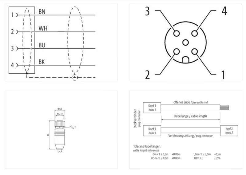 Cáp 10m có đầu nối M12 female 0° A-code 4 chân 7000-13201-3351000 - DETAIL