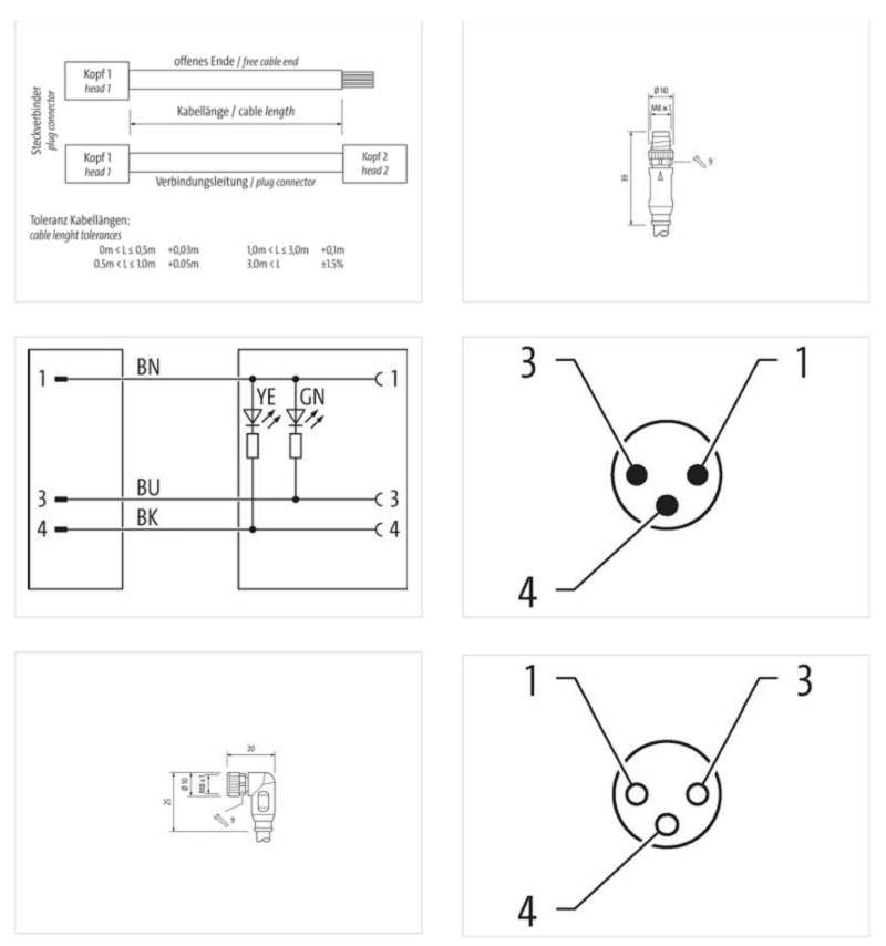 Cáp 2m có 2 đầu nối có LED M8 male 0° / M8 female 90° A-code 3 chân 7000-88041-2300200 - DETAIL