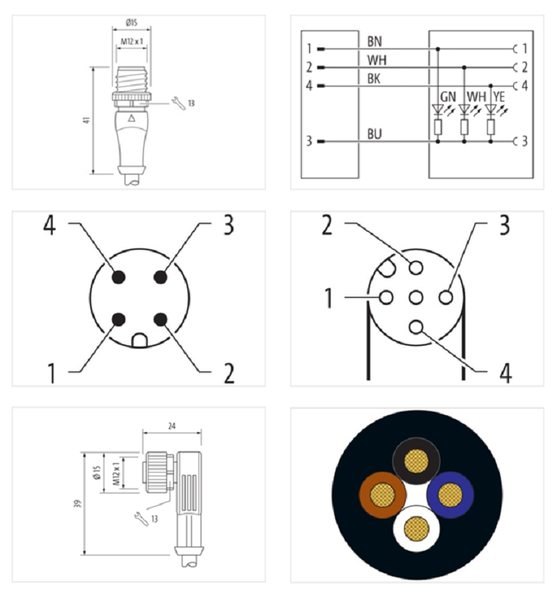 Cáp 3m 2 đầu nối M12 male 0° / M12 female 90° A-code 4 chân có LED 7000-40341-6340300 - DETAIL
