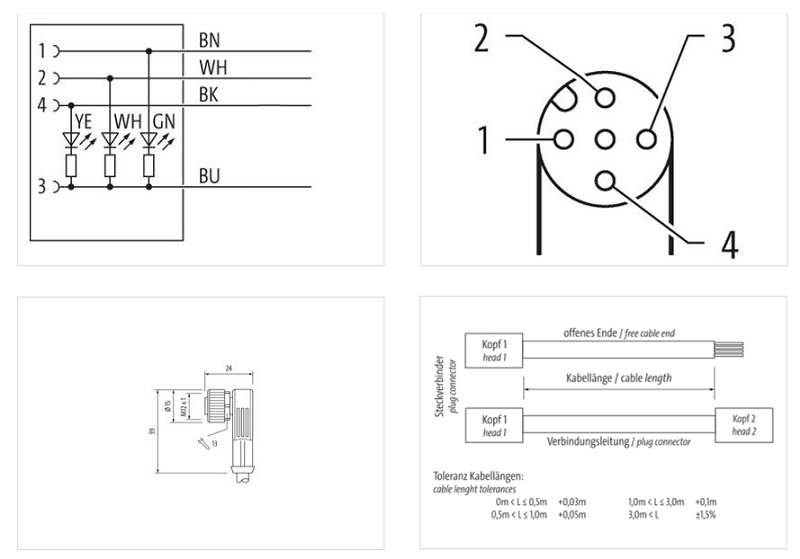 Cáp 8m có đầu nối M12 female 90° A-code 4 chân có LED 7000-12421-2340800 - DETAIL