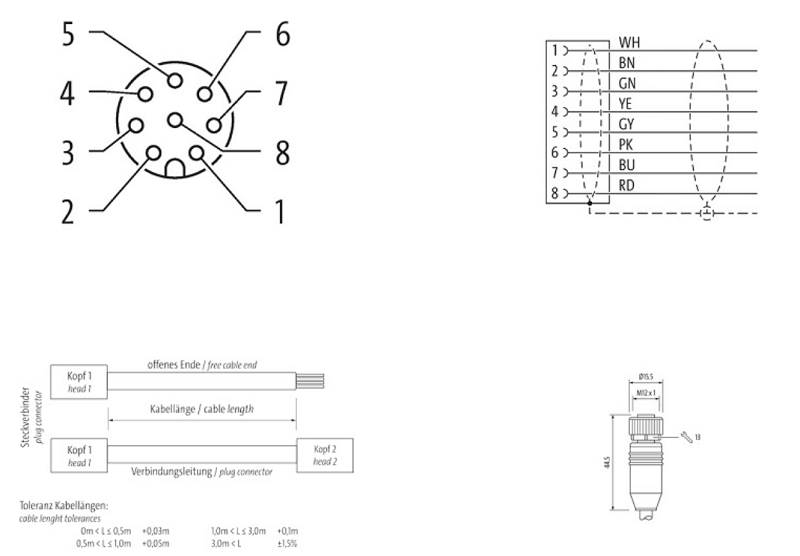 Cáp bọc chống nhiễu 15m có đầu nối M12 female 0° A-code 8 chân 7000-17121-2911500 - DETAIL