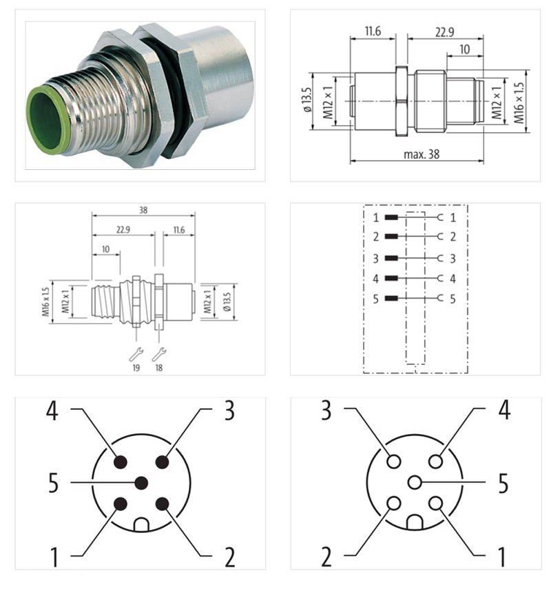 Đầu nối lắp mặt tủ M12 male/ female A-CODE 5 chân 7000-42111-0000000 - DETAIL