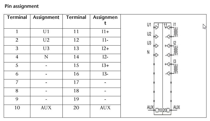 Mô-đun đo đếm năng lượng điện 5A TB20 600-255-7BA21 - pin assignment