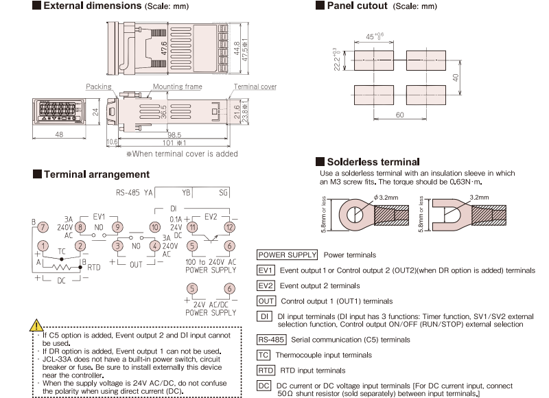 Bộ điều khiển nhiệt độ 48x24mm ngõ ra điều khiển rơ-le JCM-33A-R/M: là bộ hiển thị số có kích thước mặt trước 48x24mm, kiểu lắp mặt tủ điện - detail