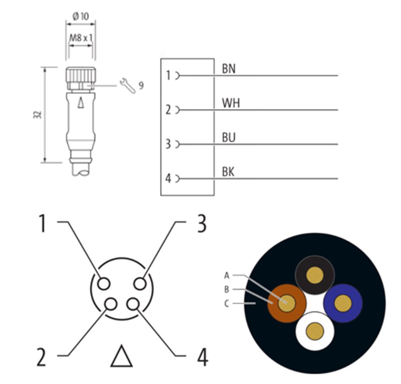 Cáp 0.3m có đầu nối M8 female 0° A-code 4 chân 7000-08061-6310030 detail 