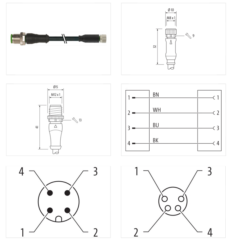 Cáp 0.5m có 2 đầu nối M12 male 0° / M8 female 0° A-code 4 chân 7000-40581-6310050 - DETAIL