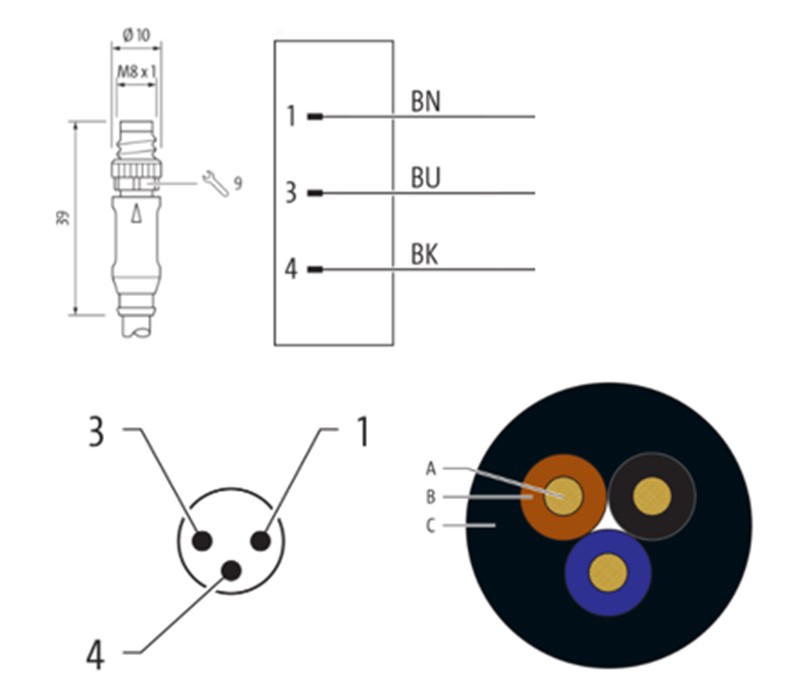 Cáp 0.5m có đầu nối M8 male 0° A-code 3 chân 7000-08001-6300050 detail 