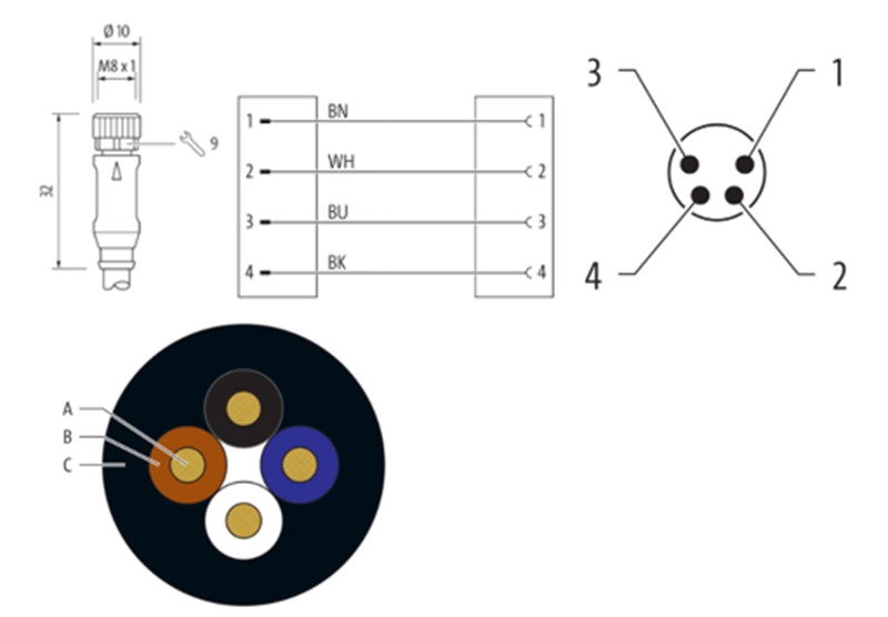 Cáp 0.6m 2 đầu nối M8 male 0° / M8 female 0° A-code 4 chân 7000-88011-6310060 detail 